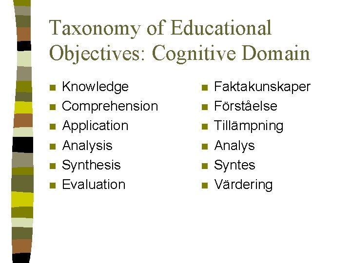 Taxonomy of Educational Objectives: Cognitive Domain n n n Knowledge Comprehension Application Analysis Synthesis