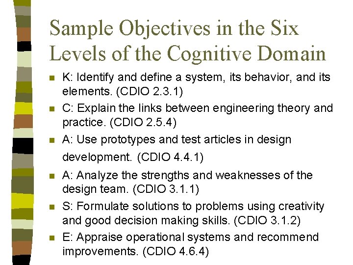 Sample Objectives in the Six Levels of the Cognitive Domain n K: Identify and