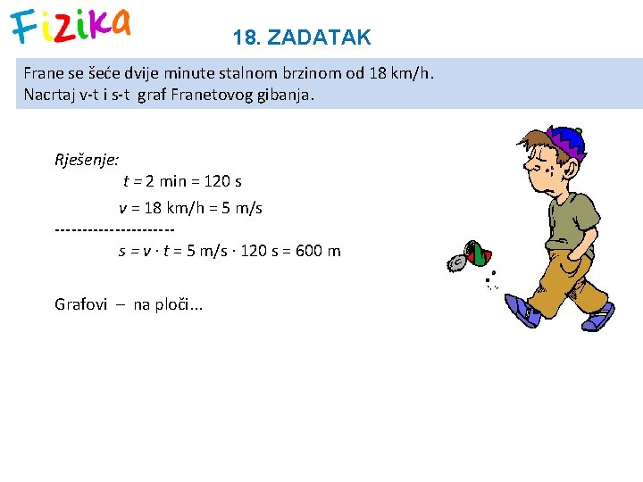 18. ZADATAK Frane se šeće dvije minute stalnom brzinom od 18 km/h. Nacrtaj v-t