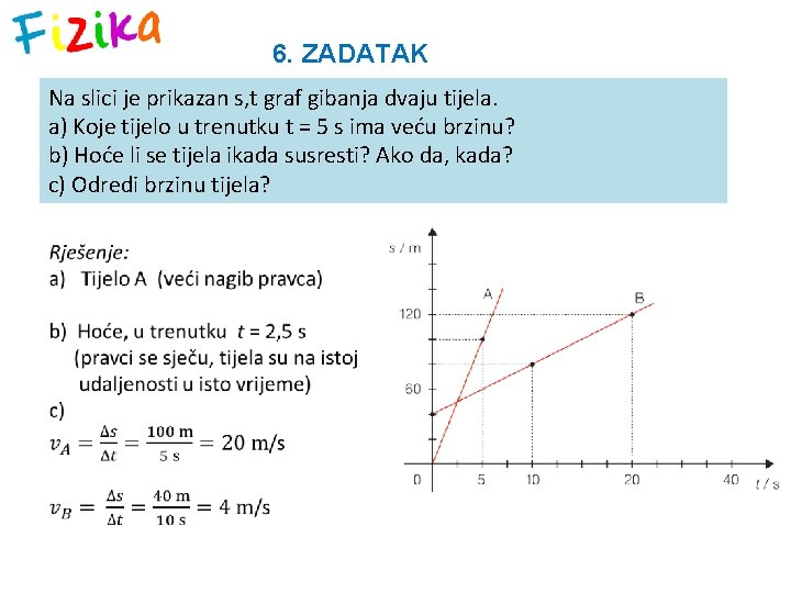 6. ZADATAK Na slici je prikazan s, t graf gibanja dvaju tijela. a) Koje