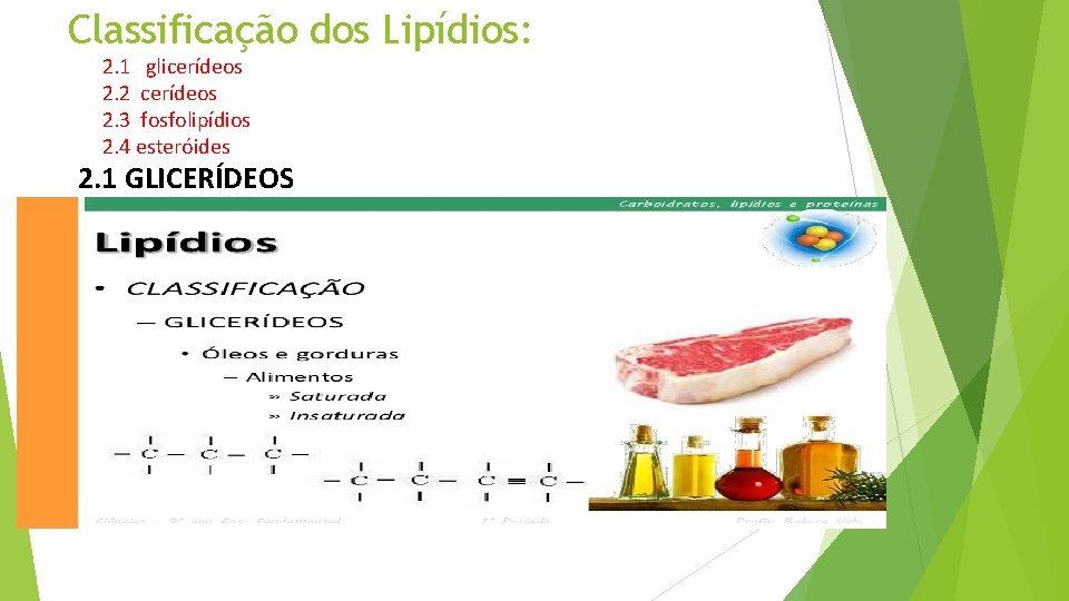 Classificação dos Lipídios: 2. 1 glicerídeos 2. 2 cerídeos 2. 3 fosfolipídios 2. 4