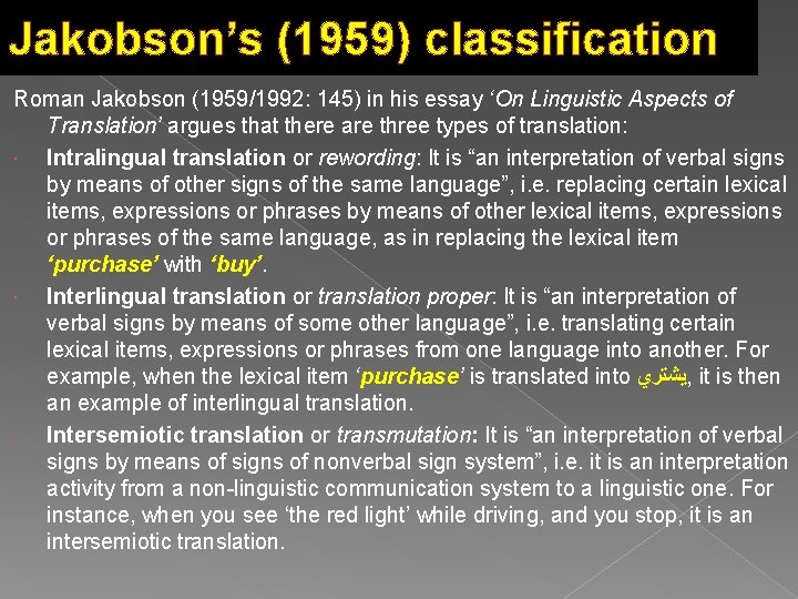 Jakobson’s (1959) classification Roman Jakobson (1959/1992: 145) in his essay ‘On Linguistic Aspects of
