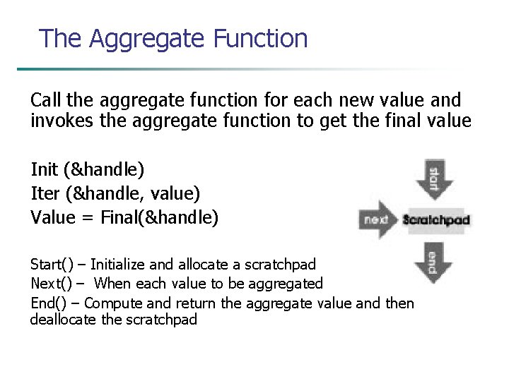 The Aggregate Function Call the aggregate function for each new value and invokes the
