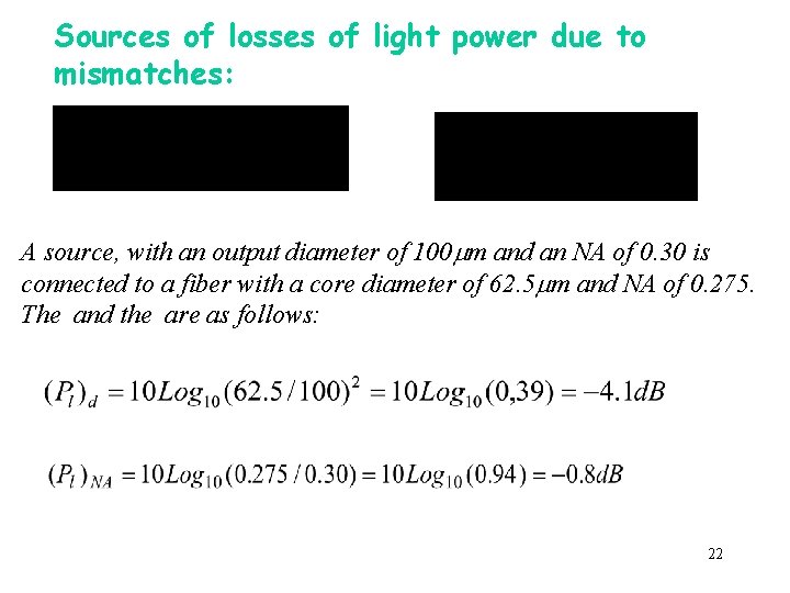 Sources of losses of light power due to mismatches: A source, with an output