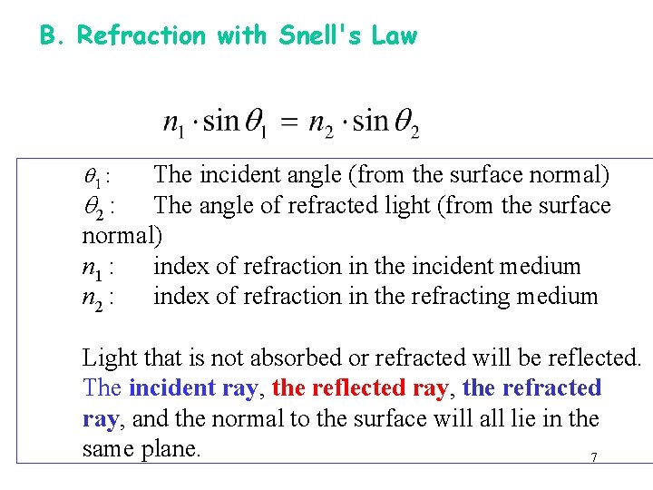 B. Refraction with Snell's Law 1 : The incident angle (from the surface normal)