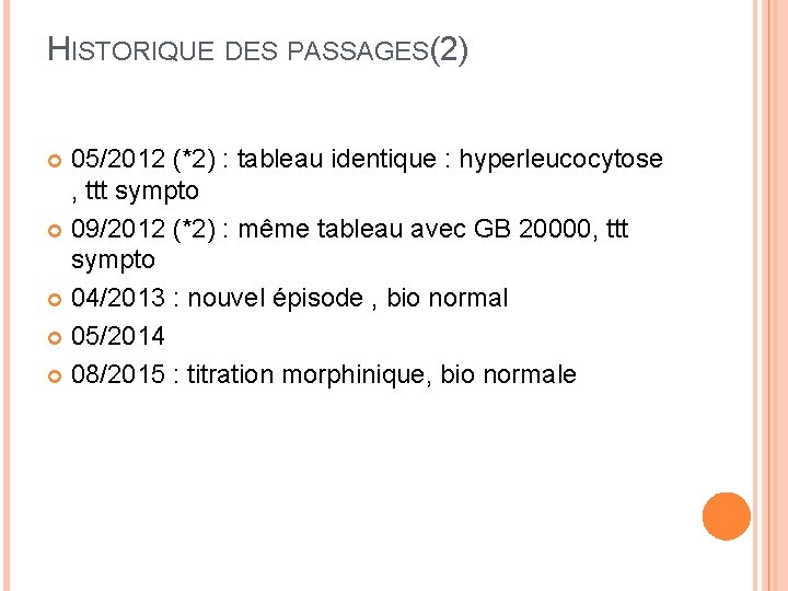 HISTORIQUE DES PASSAGES(2) 05/2012 (*2) : tableau identique : hyperleucocytose , ttt sympto 09/2012
