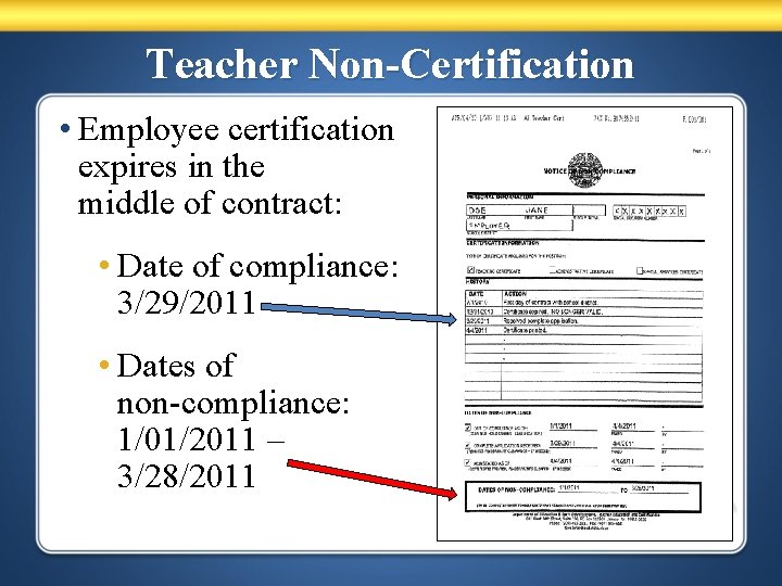 Teacher Non-Certification • Employee certification expires in the middle of contract: • Date of