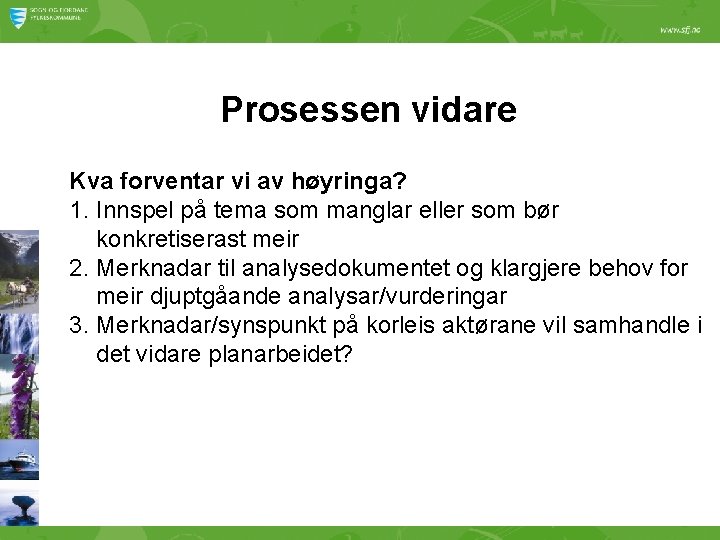 Prosessen vidare Kva forventar vi av høyringa? 1. Innspel på tema som manglar eller