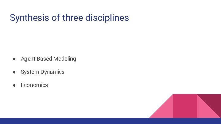 Synthesis of three disciplines ● Agent-Based Modeling ● System Dynamics ● Economics 