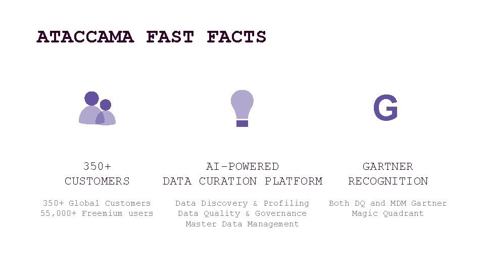 ATACCAMA FAST FACTS G 350+ CUSTOMERS AI-POWERED DATA CURATION PLATFORM GARTNER RECOGNITION 350+ Global