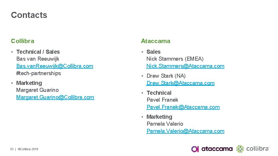 Contacts Collibra Ataccama • Technical / Sales Bas van Reeuwijk Bas. van. Reeuwijk@Collibra. com
