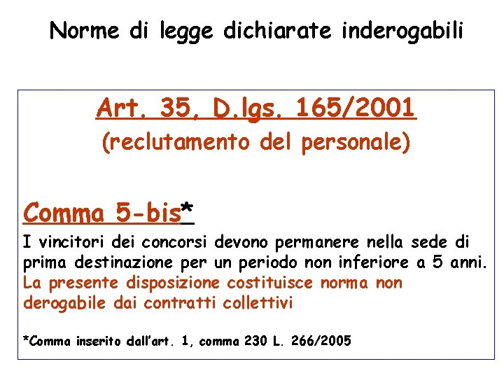 Norme di legge dichiarate inderogabili Art. 35, D. lgs. 165/2001 (reclutamento del personale) Comma