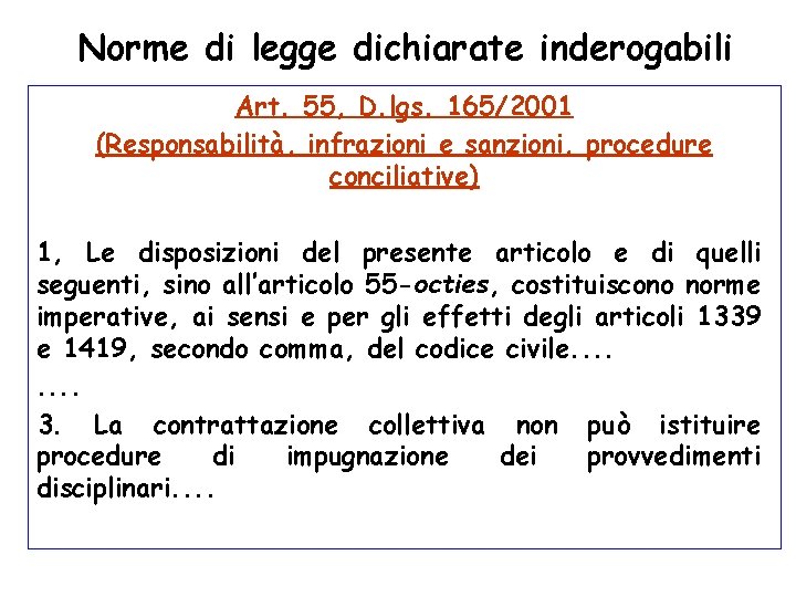 Norme di legge dichiarate inderogabili Art. 55, D. lgs. 165/2001 (Responsabilità, infrazioni e sanzioni,