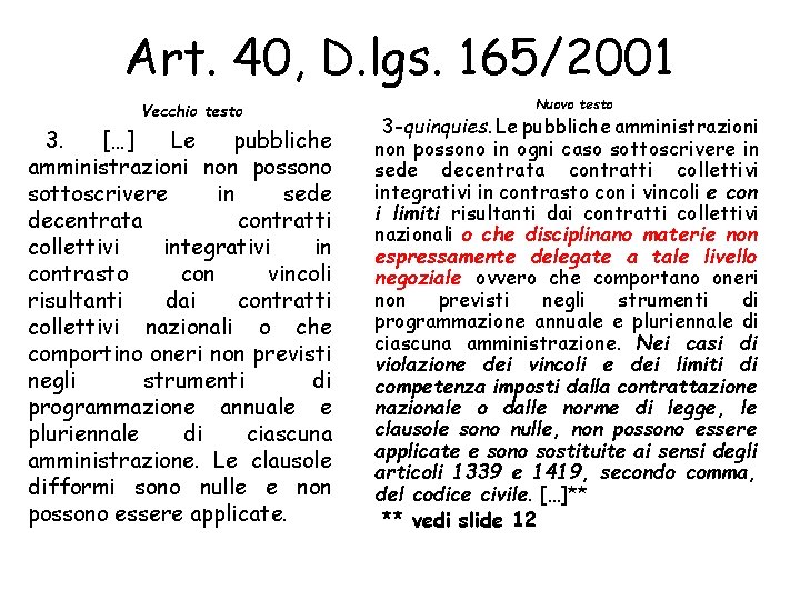 Art. 40, D. lgs. 165/2001 Vecchio testo 3. […] Le pubbliche amministrazioni non possono