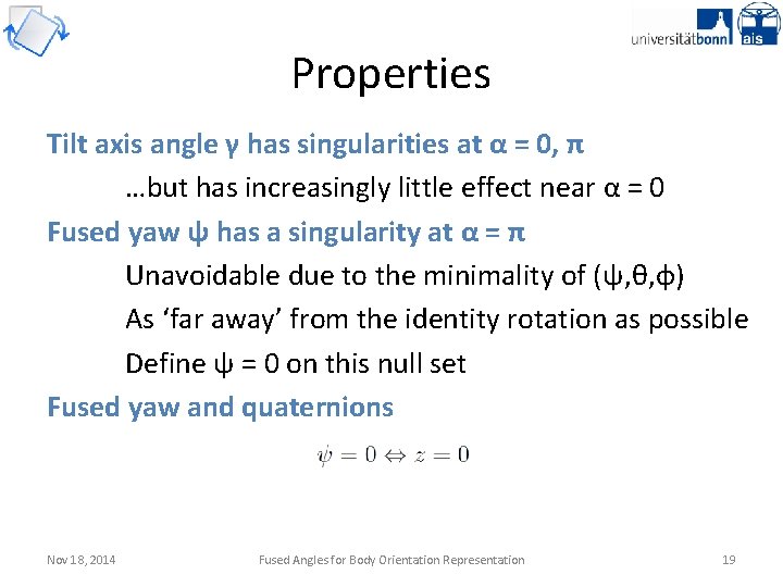 Properties Tilt axis angle γ has singularities at α = 0, π …but has