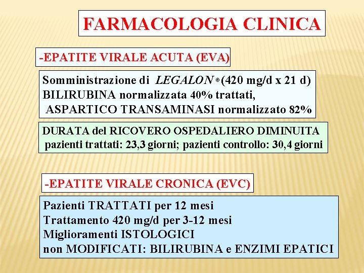 FARMACOLOGIA CLINICA -EPATITE VIRALE ACUTA (EVA) Somministrazione di LEGALON ® (420 mg/d x 21