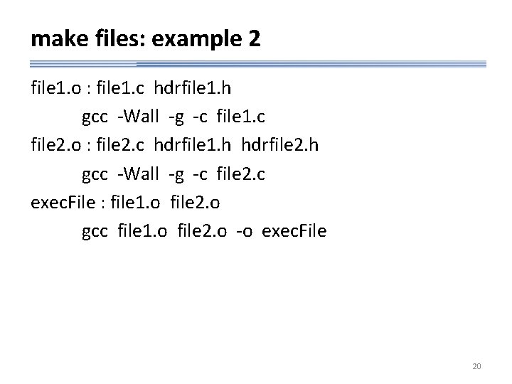 make files: example 2 file 1. o : file 1. c hdrfile 1. h