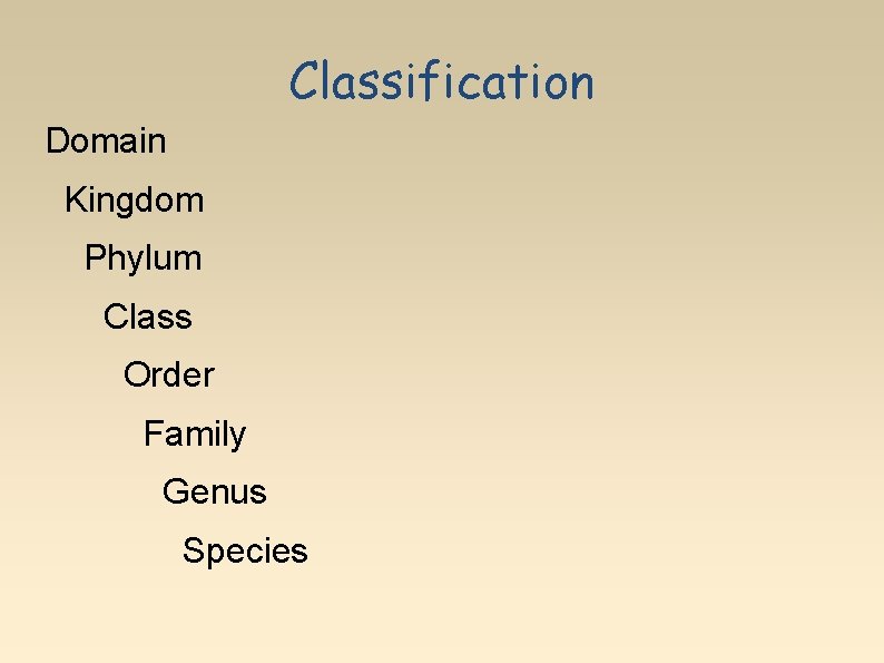 Classification Domain Kingdom Phylum Class Order Family Genus Species 
