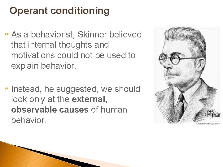 Operant conditioning As a behaviorist, Skinner believed that internal thoughts and motivations could not