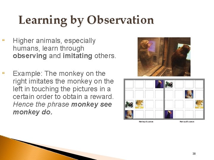 Learning by Observation Higher animals, especially humans, learn through observing and imitating others. Example: