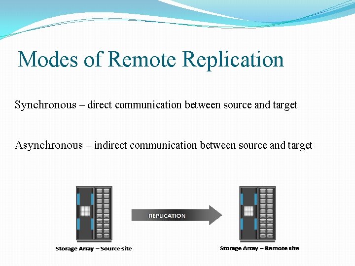 Modes of Remote Replication Synchronous – direct communication between source and target Asynchronous –