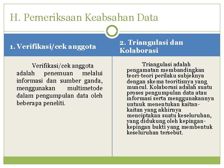 H. Pemeriksaan Keabsahan Data 1. Verifikasi/cek anggota adalah penemuan melalui informasi dan sumber ganda,