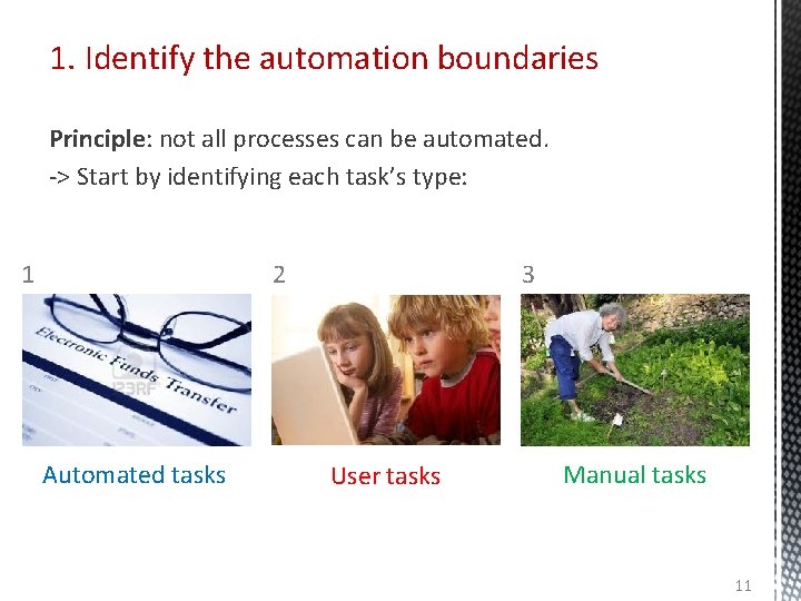 1. Identify the automation boundaries Principle: not all processes can be automated. -> Start 1. Identify the automation boundaries Principle: not all processes can be automated. -> Start