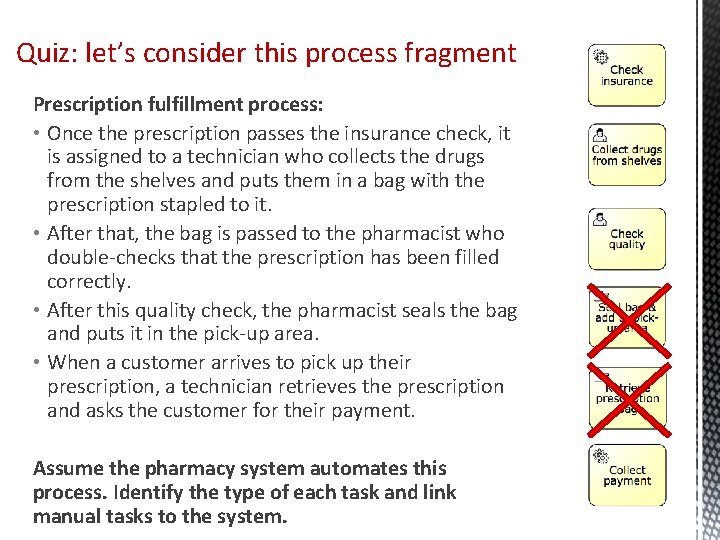 Quiz: let’s consider this process fragment Prescription fulfillment process: • Once the prescription passes Quiz: let’s consider this process fragment Prescription fulfillment process: • Once the prescription passes
