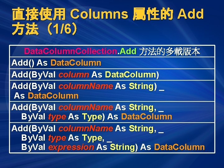 直接使用 Columns 屬性的 Add 方法（1/6） Data. Column. Collection. Add 方法的多載版本 Add() As Data. Column