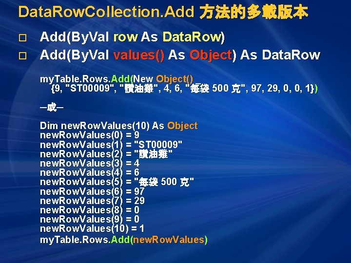 Data. Row. Collection. Add 方法的多載版本 o o Add(By. Val row As Data. Row) Add(By.