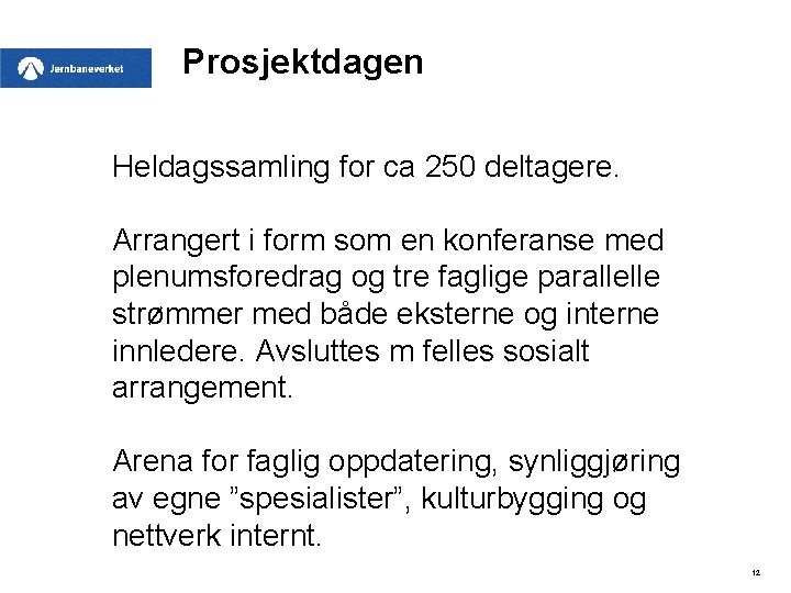 Prosjektdagen Heldagssamling for ca 250 deltagere. Arrangert i form som en konferanse med plenumsforedrag