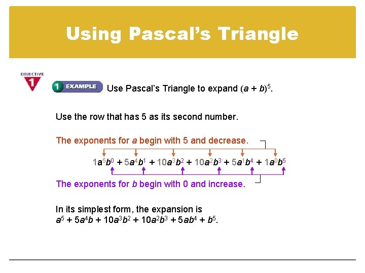 Using Pascal’s Triangle Use Pascal’s Triangle to expand (a + b)5. Use the row