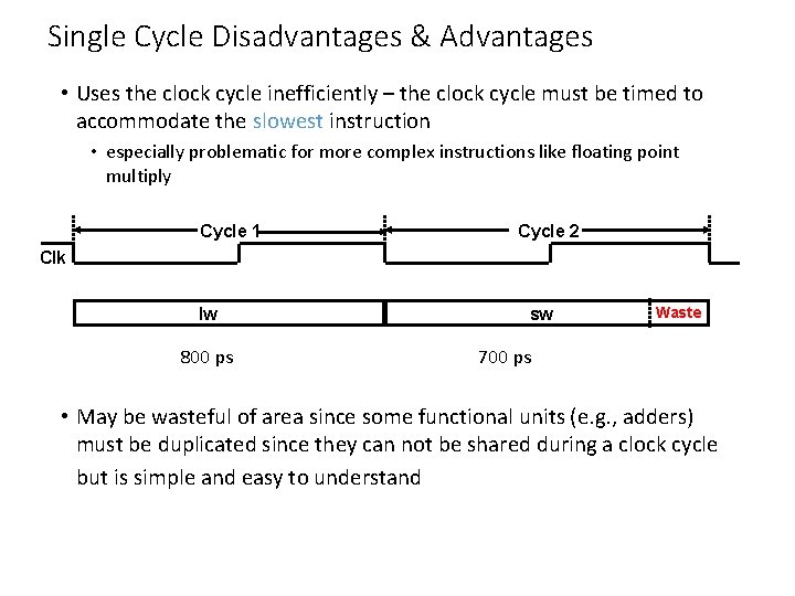 Single Cycle Disadvantages & Advantages • Uses the clock cycle inefficiently – the clock