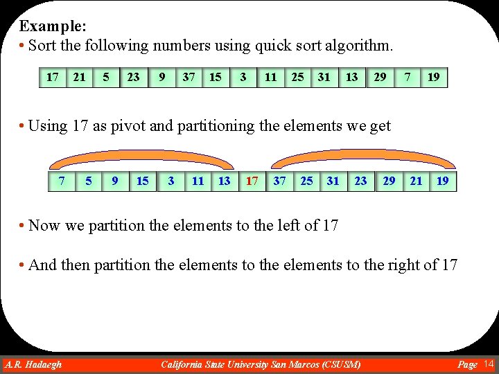 Example: • Sort the following numbers using quick sort algorithm. 17 21 5 23