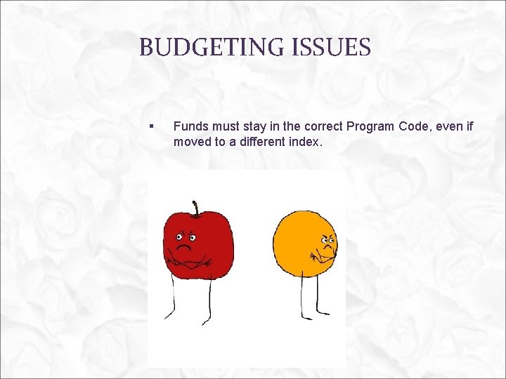 BUDGETING ISSUES § Funds must stay in the correct Program Code, even if moved