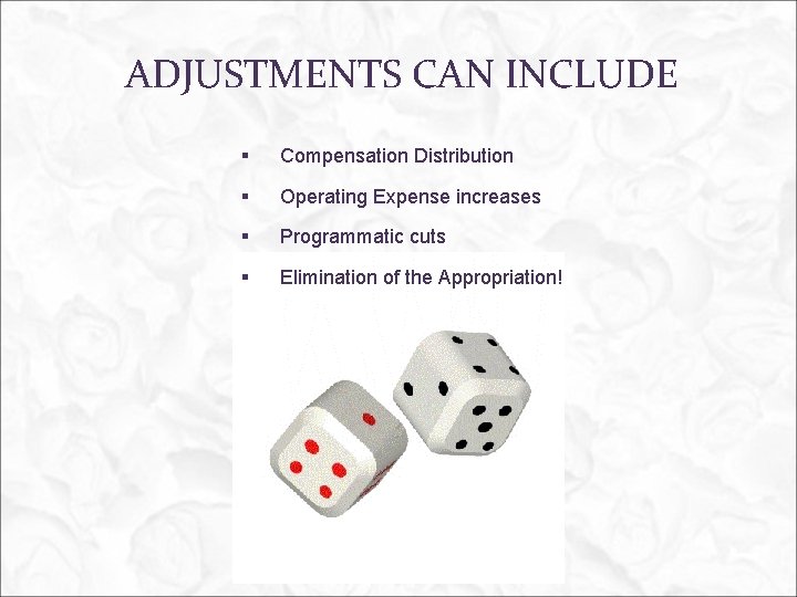 ADJUSTMENTS CAN INCLUDE § Compensation Distribution § Operating Expense increases § Programmatic cuts §