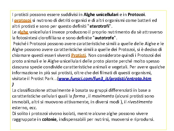 I protisti possono essere suddivisi in Alghe unicellulari e in Protozoi. I protozoi si