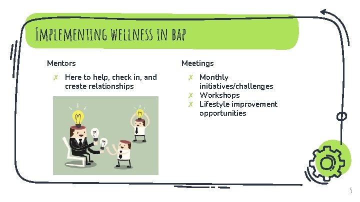 Implementing wellness in bap Mentors ✗ Here to help, check in, and create relationships