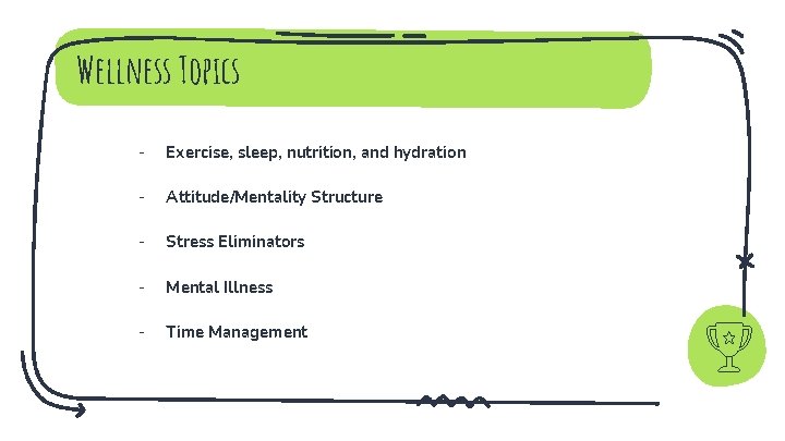 Wellness Topics - Exercise, sleep, nutrition, and hydration - Attitude/Mentality Structure - Stress Eliminators