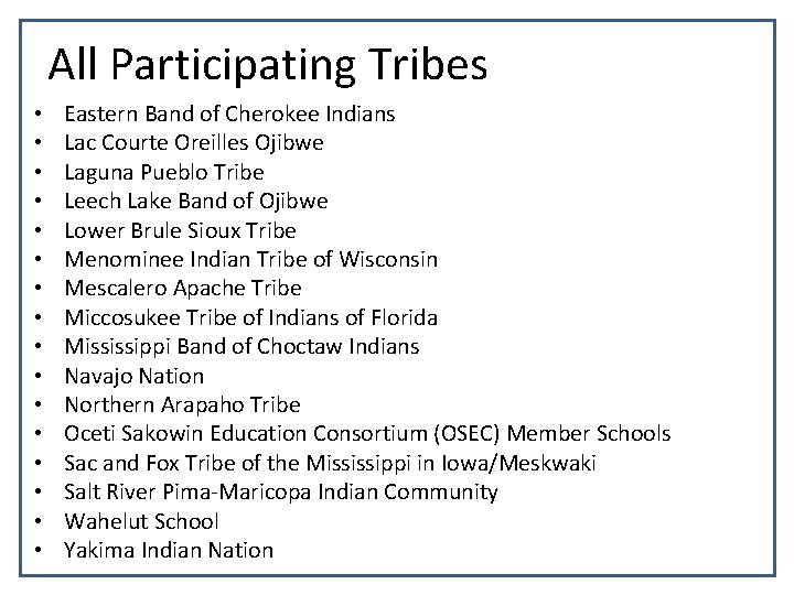 All Participating Tribes • • • • Eastern Band of Cherokee Indians Lac Courte