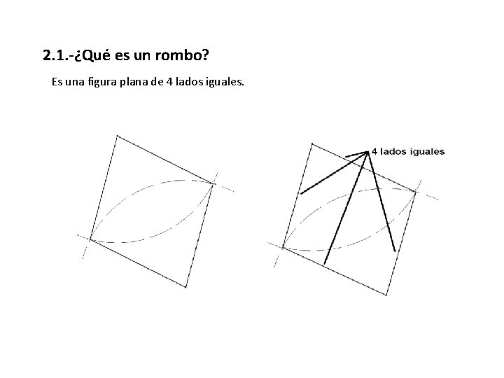 2. 1. -¿Qué es un rombo? Es una figura plana de 4 lados iguales.