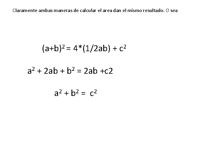Claramente ambas maneras de calcular el area dan el mismo resultado. O sea (a+b)2