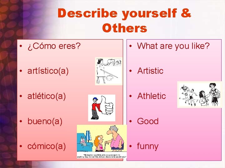 Describe yourself & Others • ¿Cómo eres? • What are you like? • artístico(a)