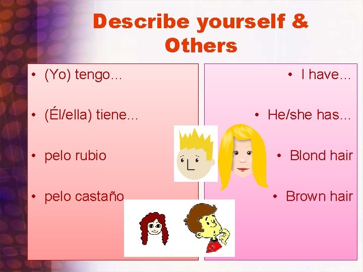 Describe yourself & Others • (Yo) tengo… • (Él/ella) tiene… • I have… •