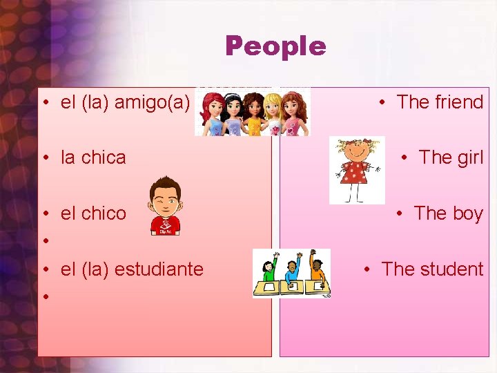 People • el (la) amigo(a) • The friend • la chica • The girl