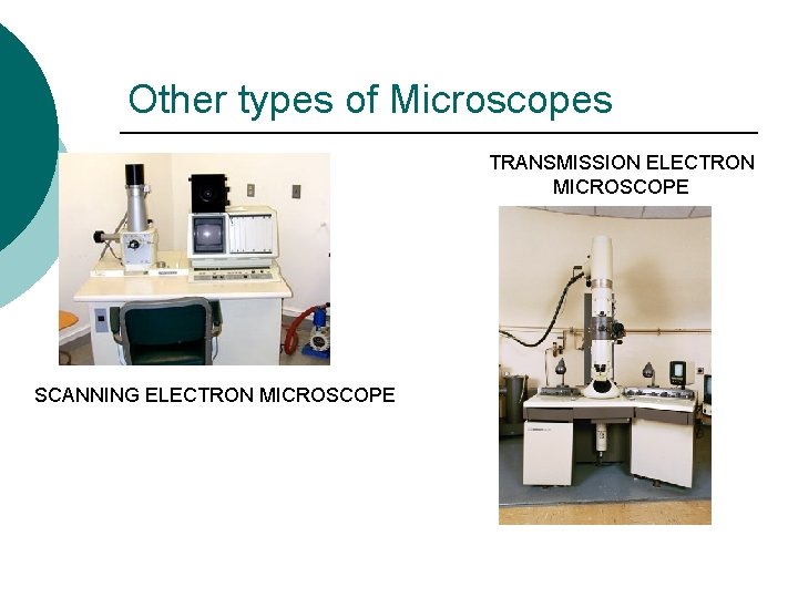 Other types of Microscopes TRANSMISSION ELECTRON MICROSCOPE SCANNING ELECTRON MICROSCOPE 