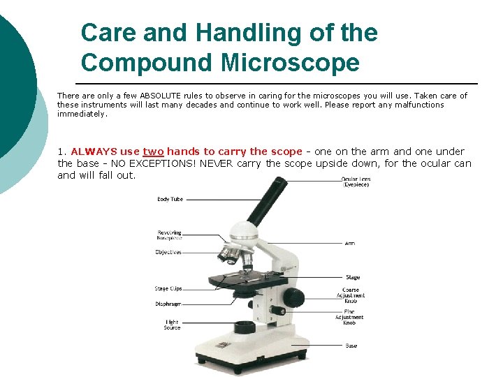 Care and Handling of the Compound Microscope There are only a few ABSOLUTE rules