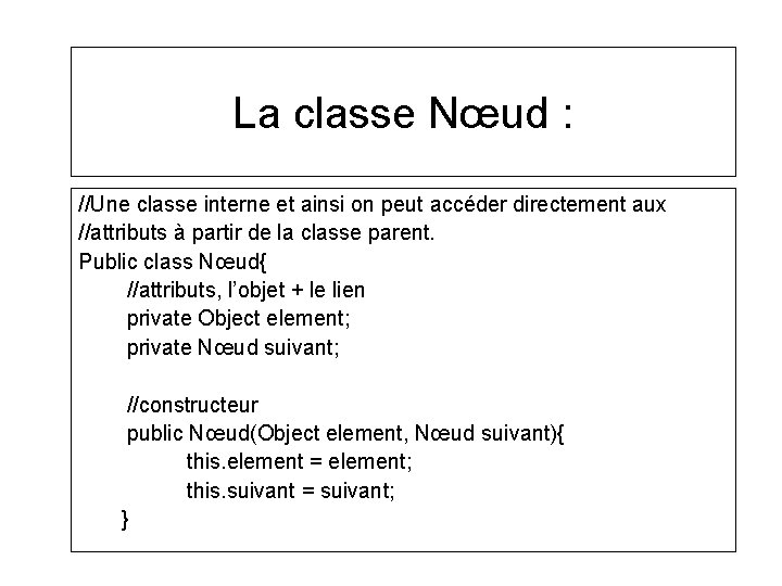 La classe Nœud : //Une classe interne et ainsi on peut accéder directement aux
