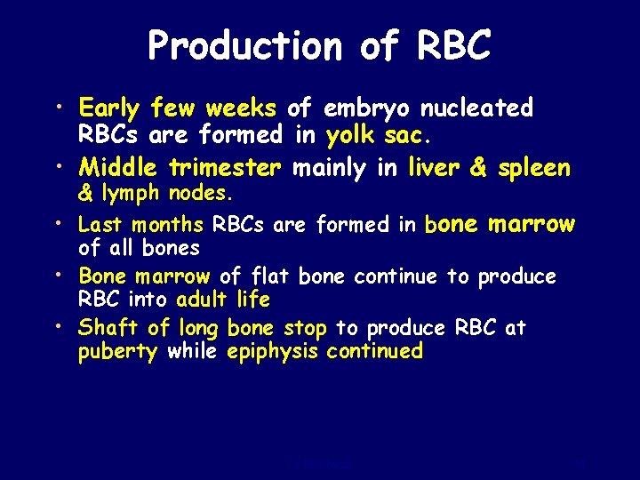 Production of RBC • Early few weeks of embryo nucleated RBCs are formed in