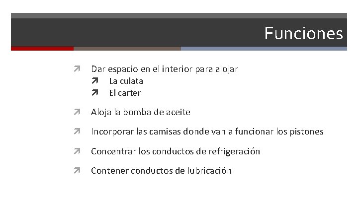 Funciones Dar espacio en el interior para alojar La culata El carter Aloja la